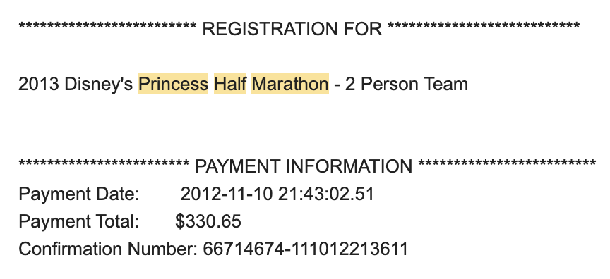 Princess Half Marathon 2013 receipt